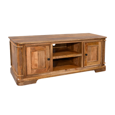 Wooden TV stand with two cabinets and an open shelf on a white background