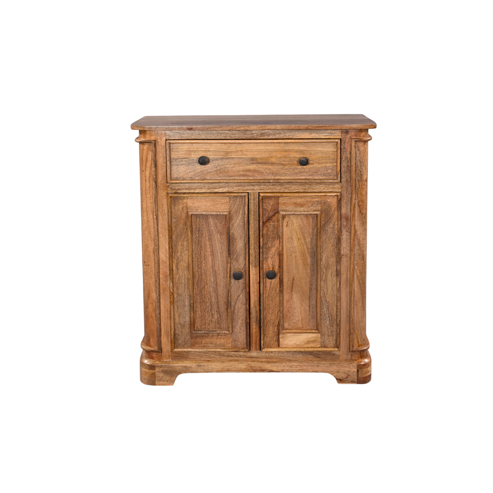 Wooden cabinet with two doors and a drawer on a white background
