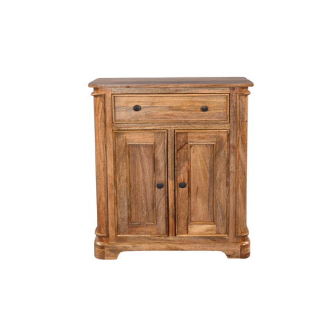 Wooden cabinet with two doors and a drawer on a white background