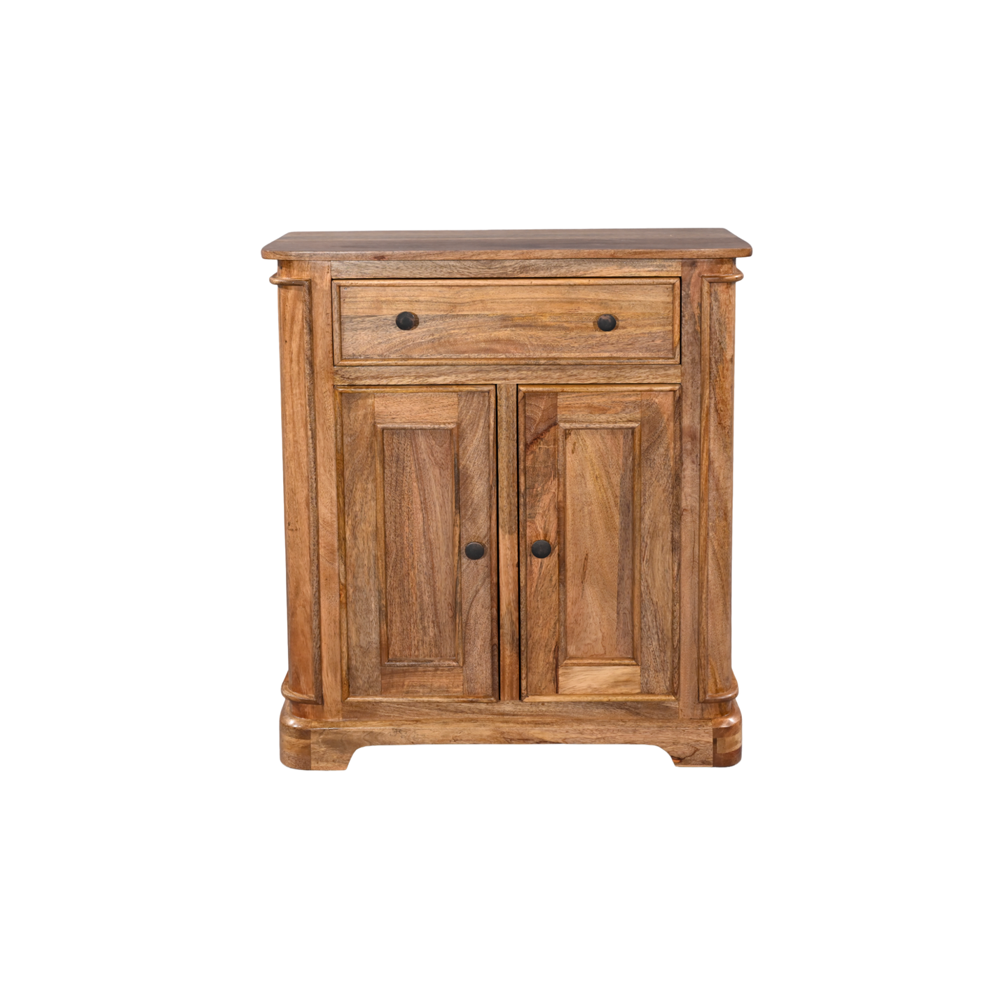 Wooden cabinet with two doors and a drawer on a white background