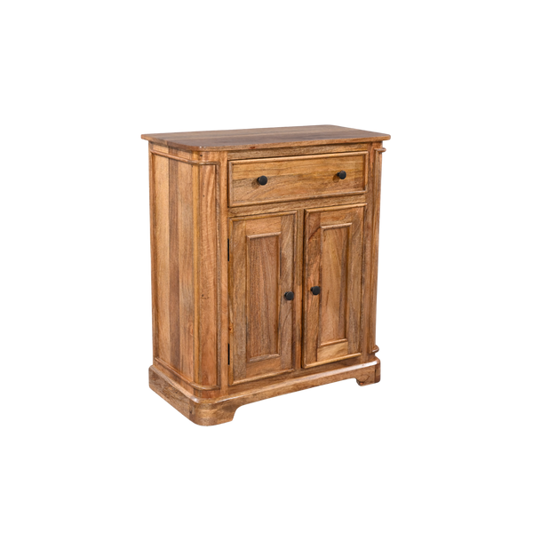 Wooden sideboard with two doors and a drawer on a white background