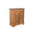 Wooden sideboard with two doors and a drawer on a white background