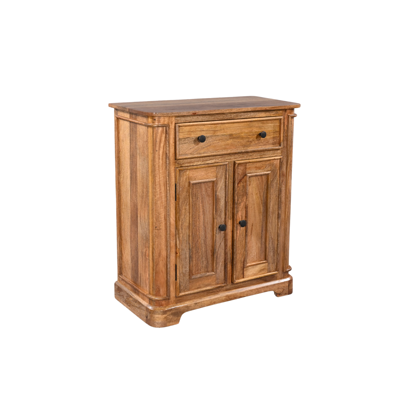 Wooden sideboard with two doors and a drawer on a white background