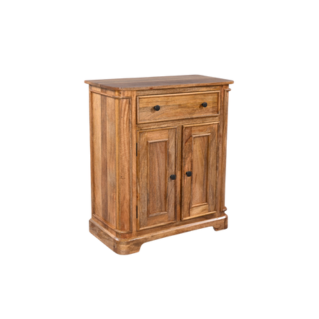 Wooden sideboard with two doors and a drawer on a white background