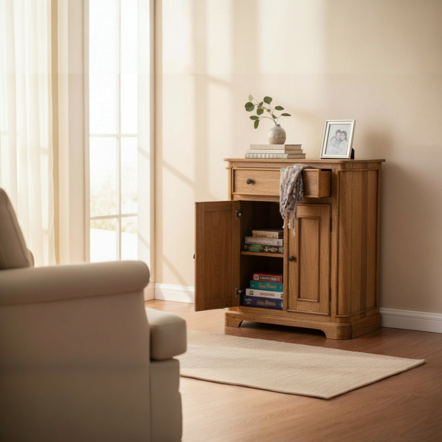 Wooden cabinet with open door displaying books and decor items in a room with a beige wall and carpet.