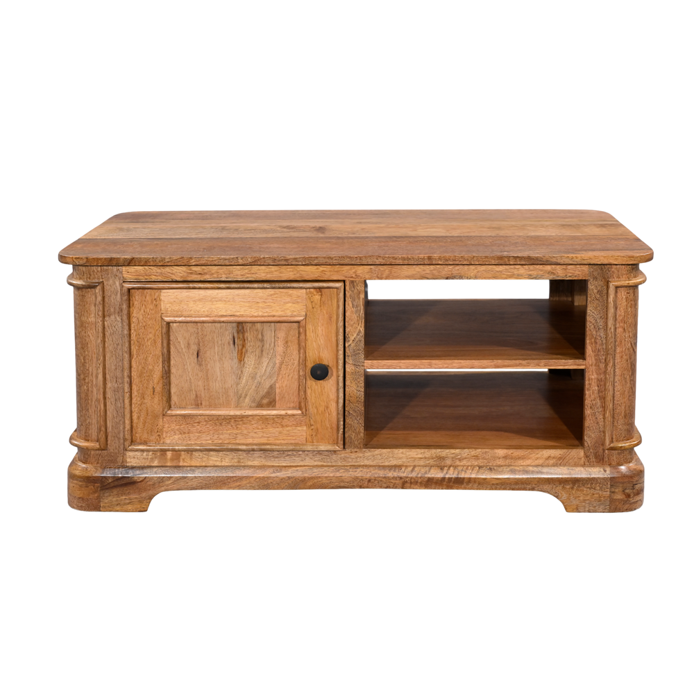 Wooden TV stand with a single door and open shelf on a white background