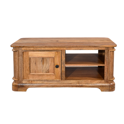 Wooden TV stand with a single door and open shelf on a white background