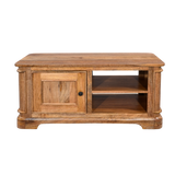 Wooden TV stand with a single door and open shelf on a white background