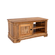 Wooden TV stand with a cabinet and open shelves on a white background