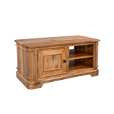 Wooden TV stand with a cabinet and open shelves on a white background