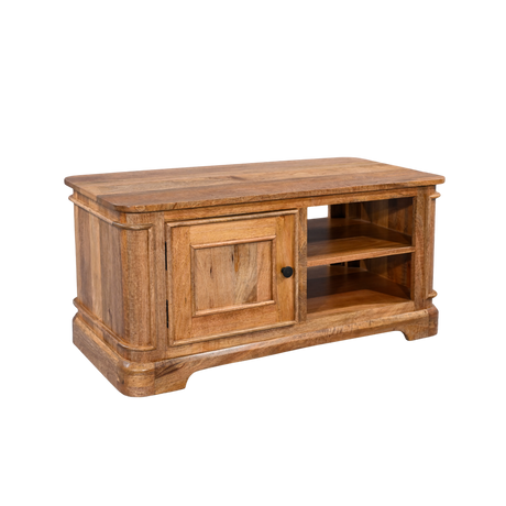 Wooden TV stand with a cabinet and open shelves on a white background