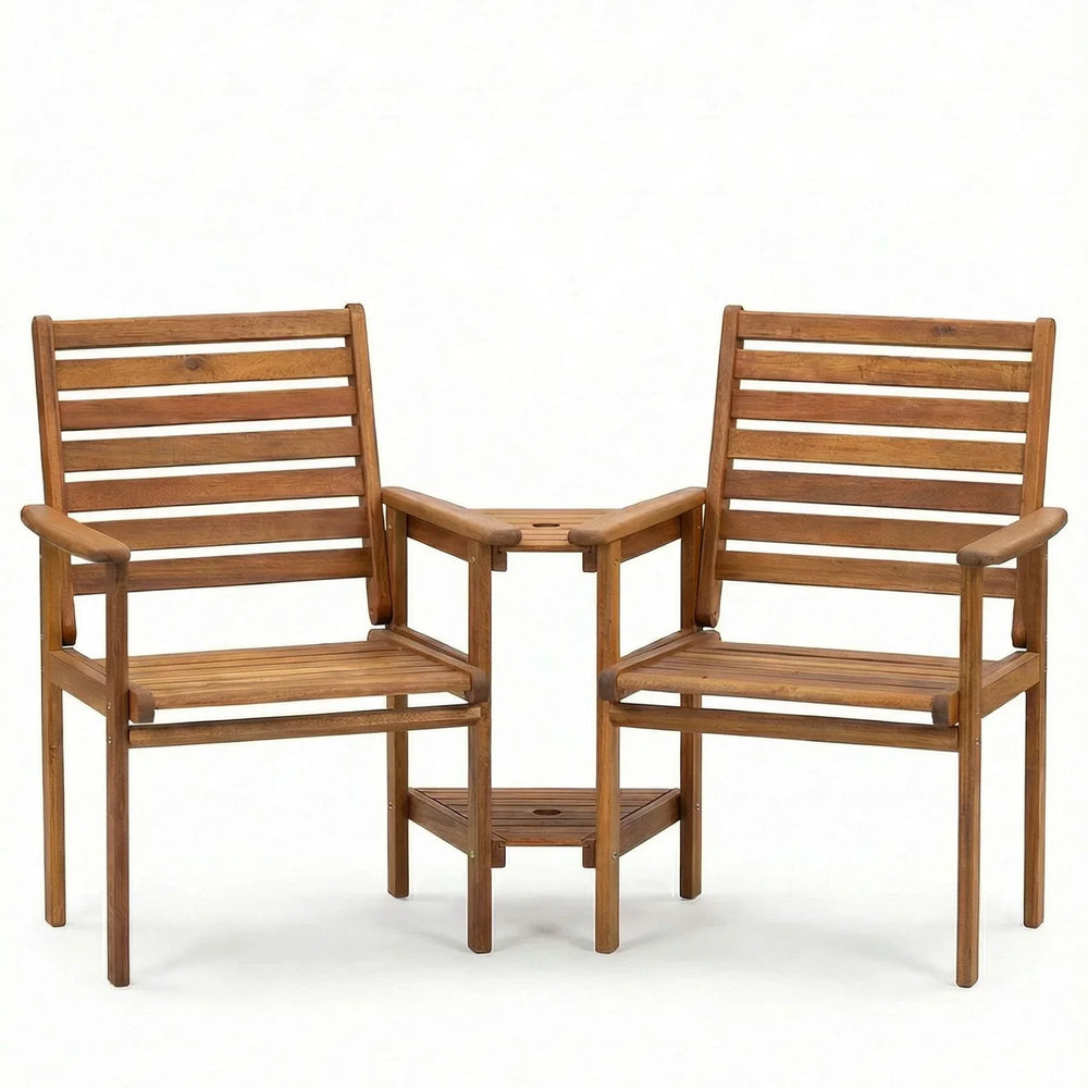 Wooden companion bench with two slatted chairs and built-in table, front view