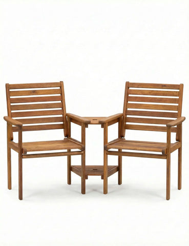 Wooden companion bench with two slatted chairs and built-in table, front view