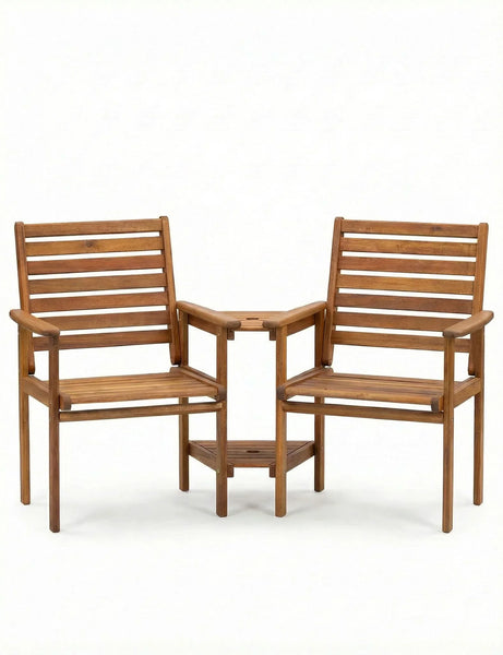 Wooden companion bench with two slatted chairs and built-in table, front view