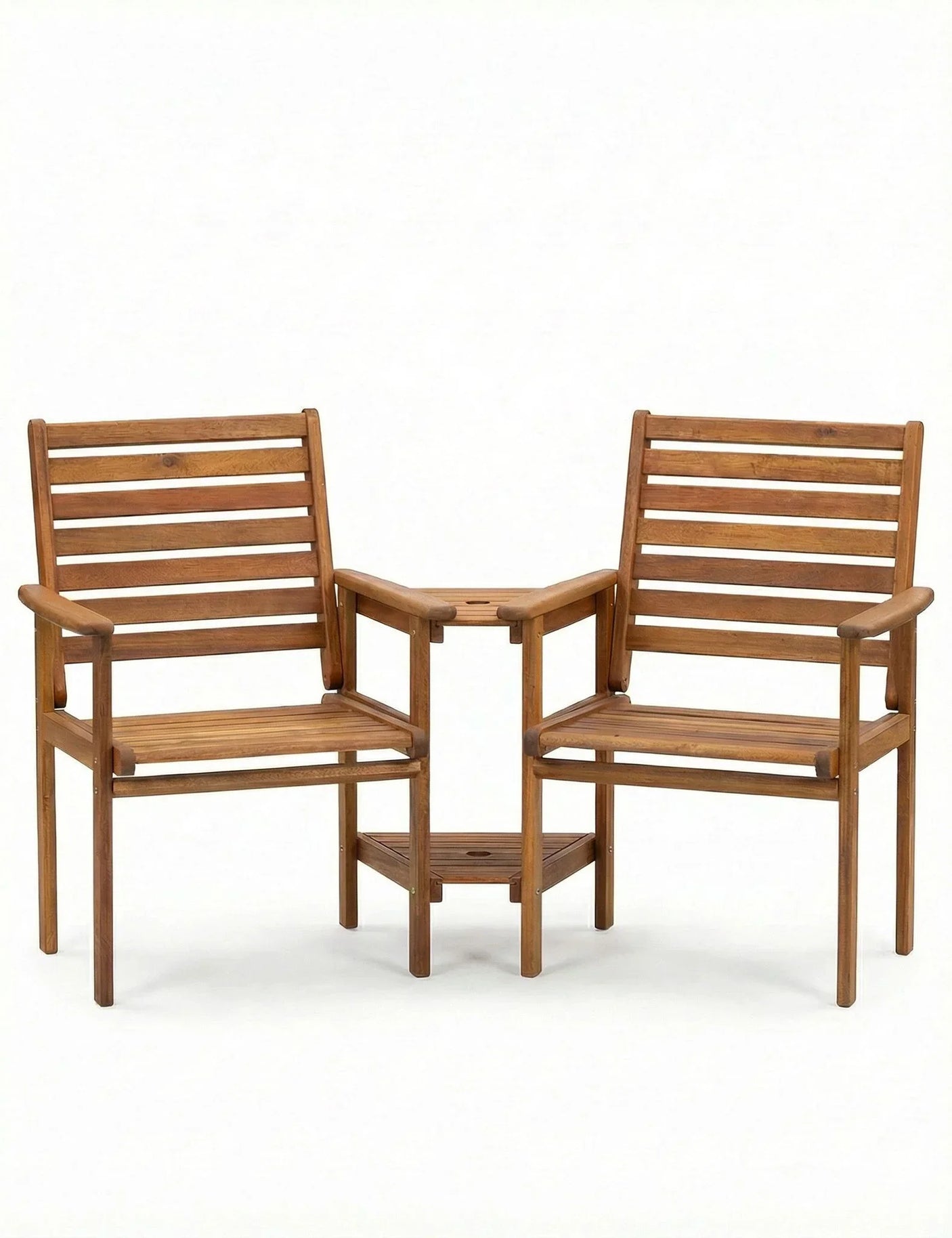 Wooden companion bench with two slatted chairs and built-in table, front view