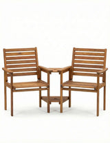 Wooden companion bench with two slatted chairs and built-in table, front view