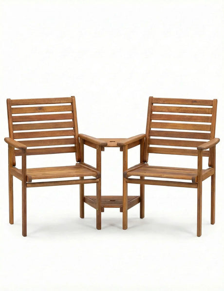 Wooden companion bench with two slatted chairs and built-in table, front view