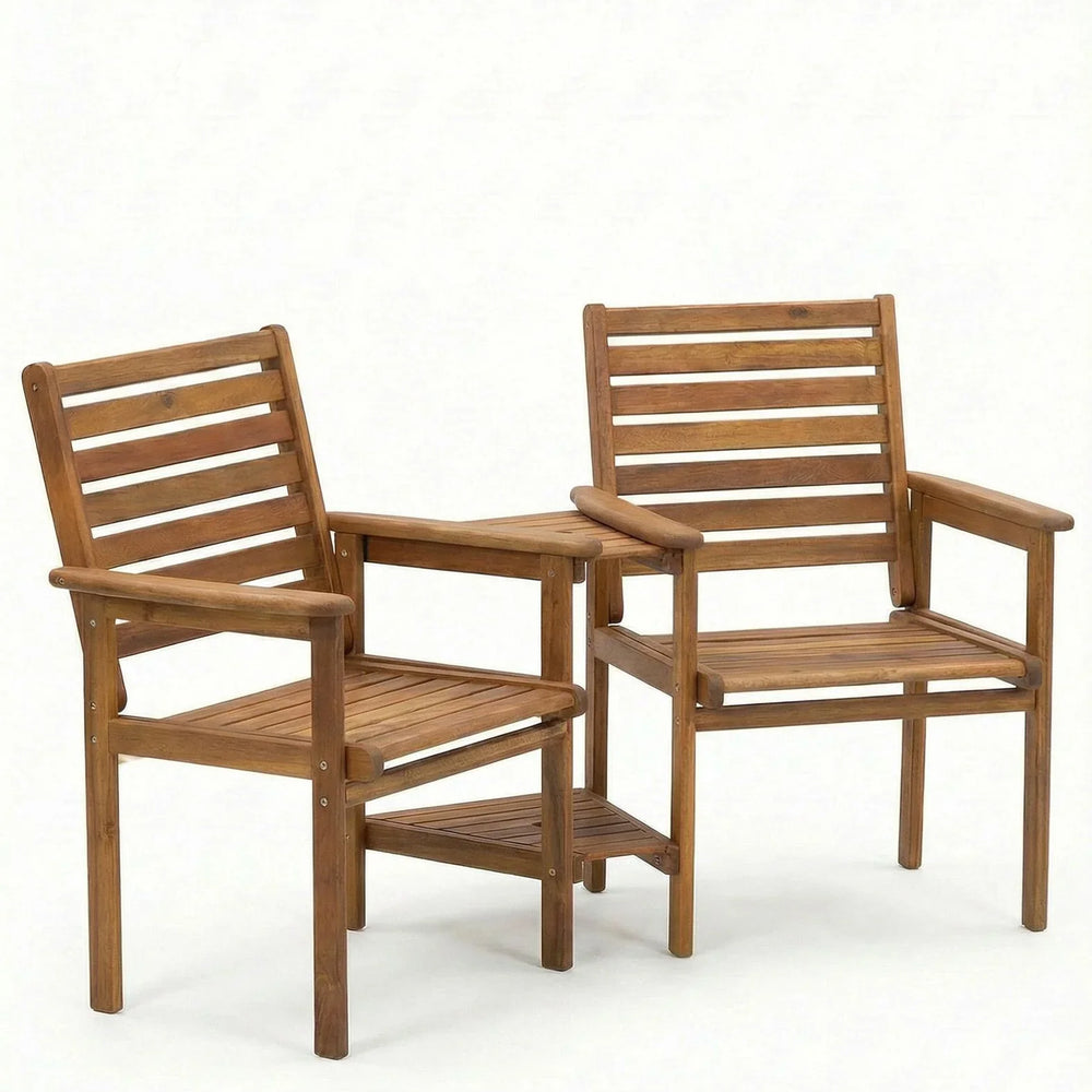 Wooden garden companion seat with two slatted chairs and integrated central table