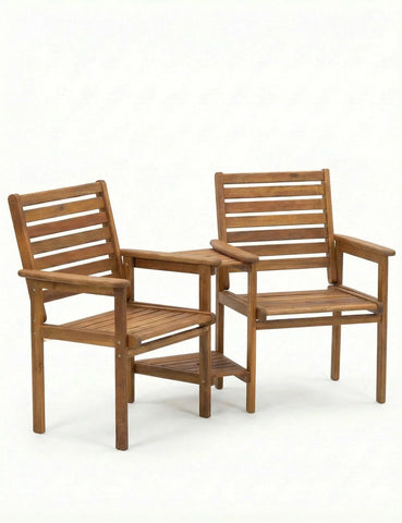 Wooden garden companion seat with two slatted chairs and integrated central table