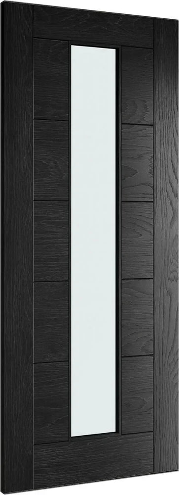 Black interior door with vertical frosted glass panel and wood grain finish, angled view