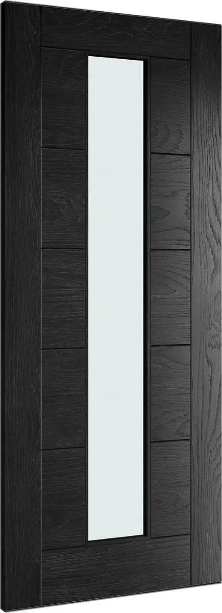 Black interior door with vertical frosted glass panel and wood grain finish, angled view