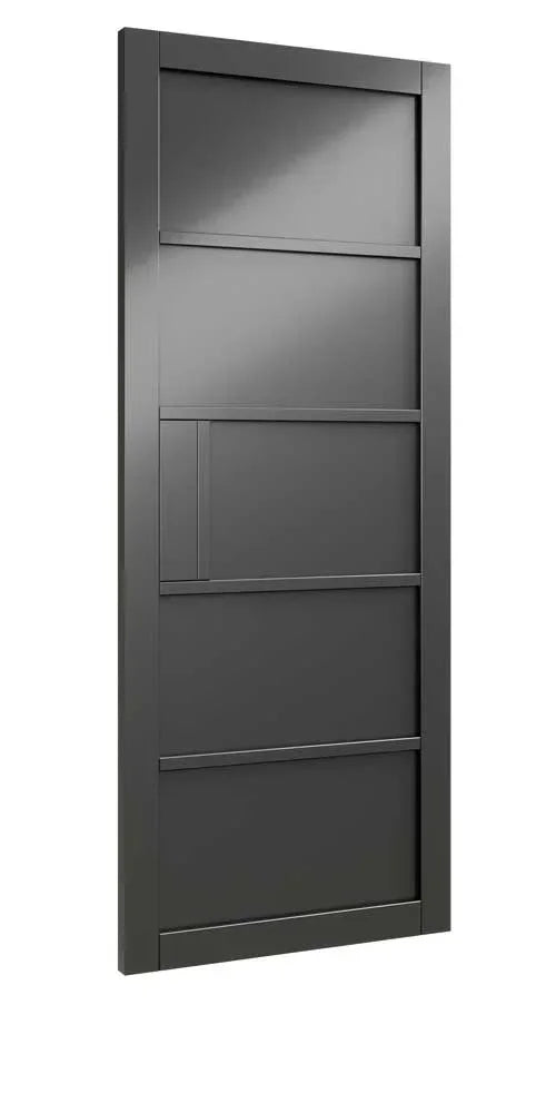 Modern black internal door with horizontal panels viewed from side angle