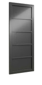 Modern black internal door with horizontal panels viewed from side angle