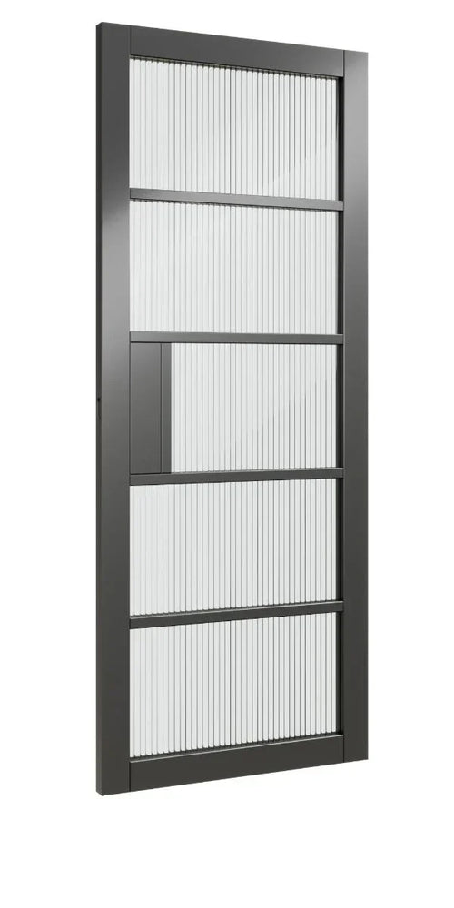 Grey reeded glass interior door with vertical lines and rectangular panels, side view