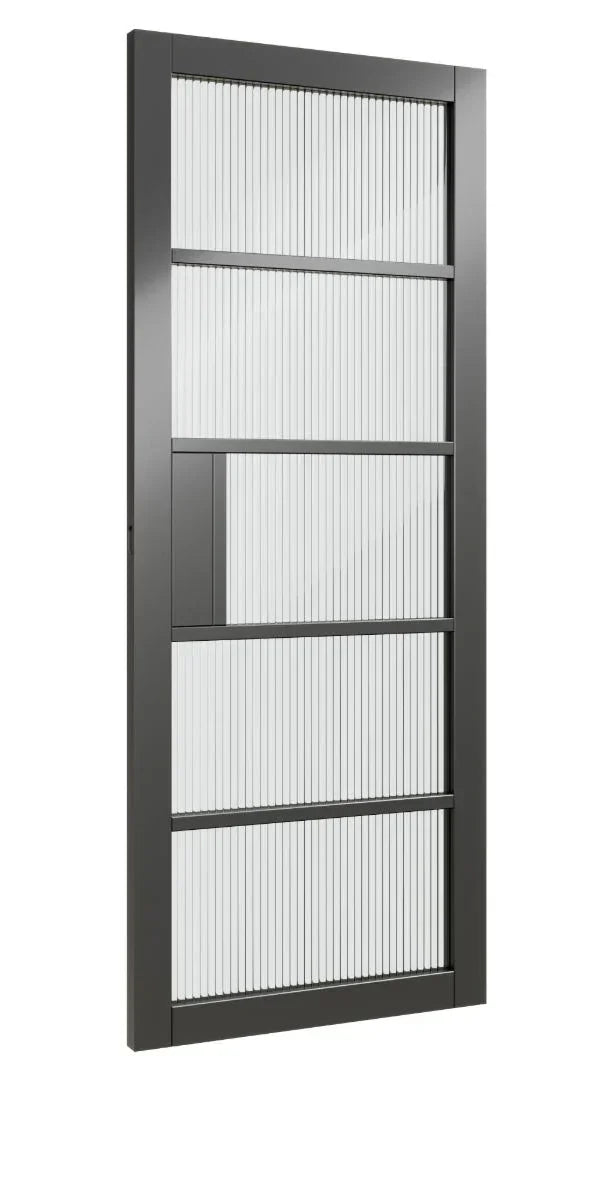 Grey reeded glass interior door with vertical lines and rectangular panels, side view