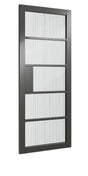 Grey reeded glass interior door with vertical lines and rectangular panels, side view