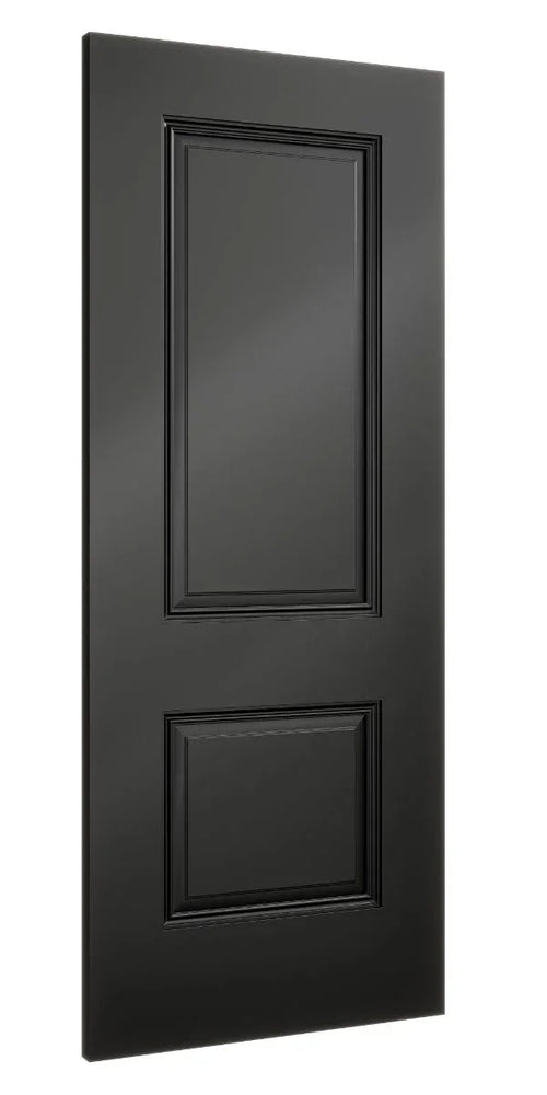Black interior door with two raised panels shown from a side angle
