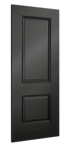 Black interior door with two raised panels shown from a side angle