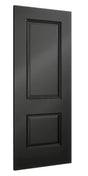 Black interior door with two raised panels shown from a side angle