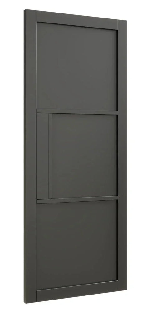 Black panelled interior door with modern rectangular design, shown angled to the left