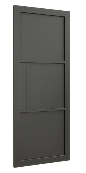 Black panelled interior door with modern rectangular design, shown angled to the left