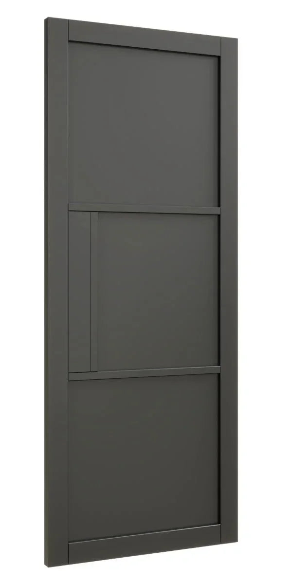 Black panelled interior door with modern rectangular design, shown angled to the left