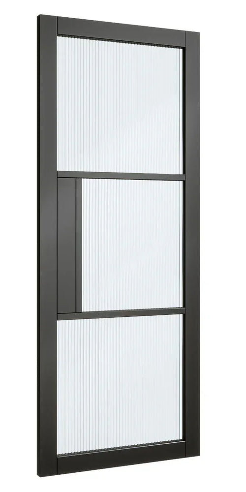 Black framed glass interior door with vertical fluted panels, right side angle view