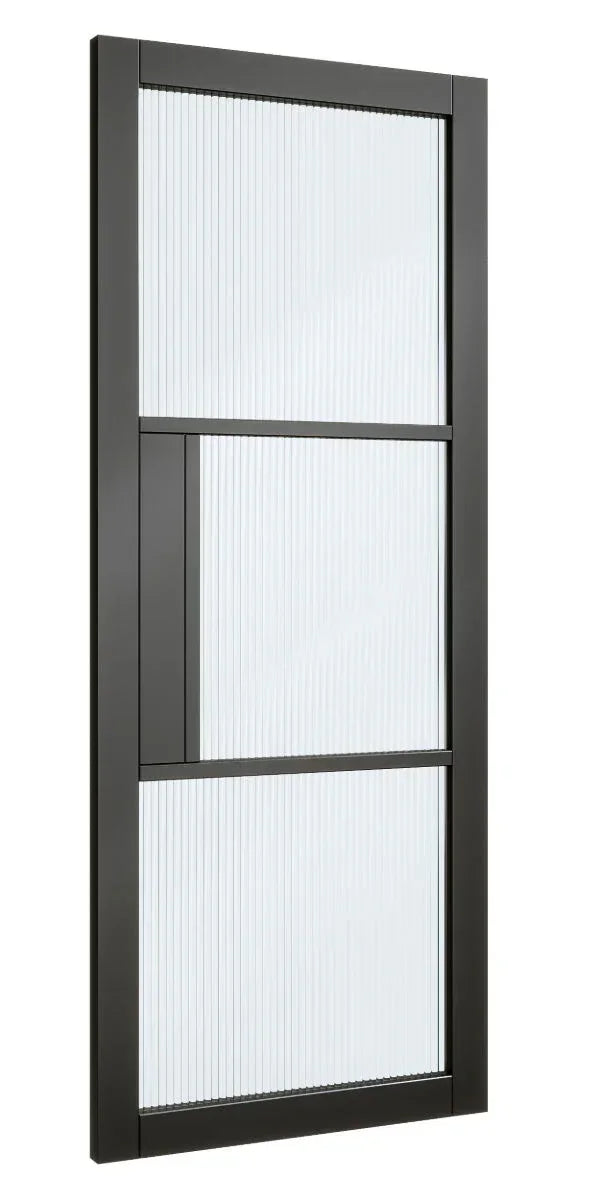 Black framed glass interior door with vertical fluted panels, right side angle view