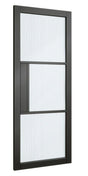 Black framed glass interior door with vertical fluted panels, right side angle view