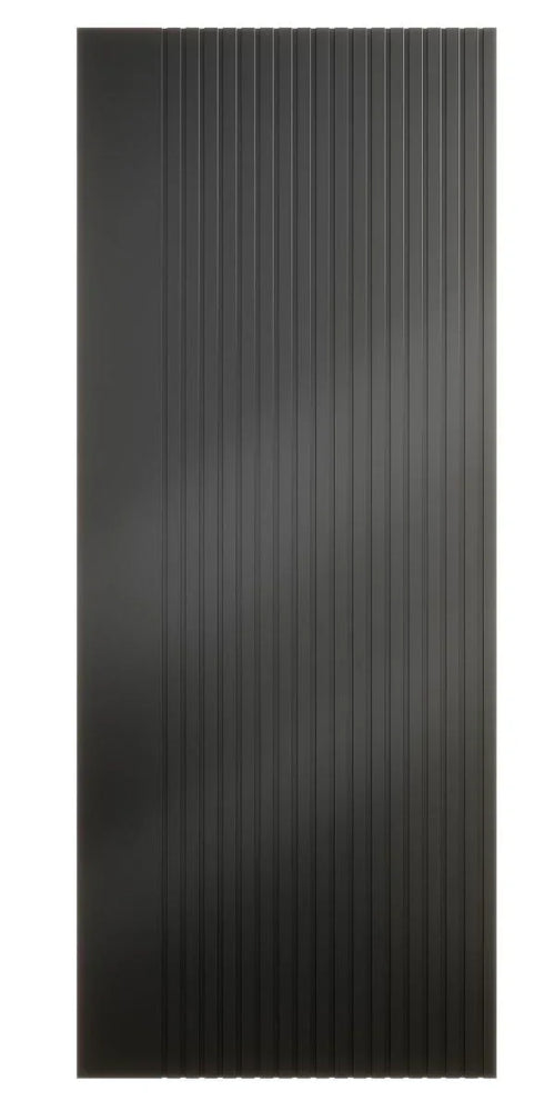 Black interior door with vertical grooved panels, front view