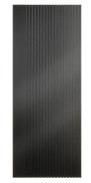 Black interior door with vertical grooved panels, front view