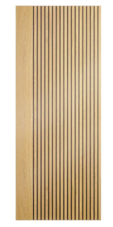 Oak slatted wall panel with vertical wood strips and natural finish, full front view