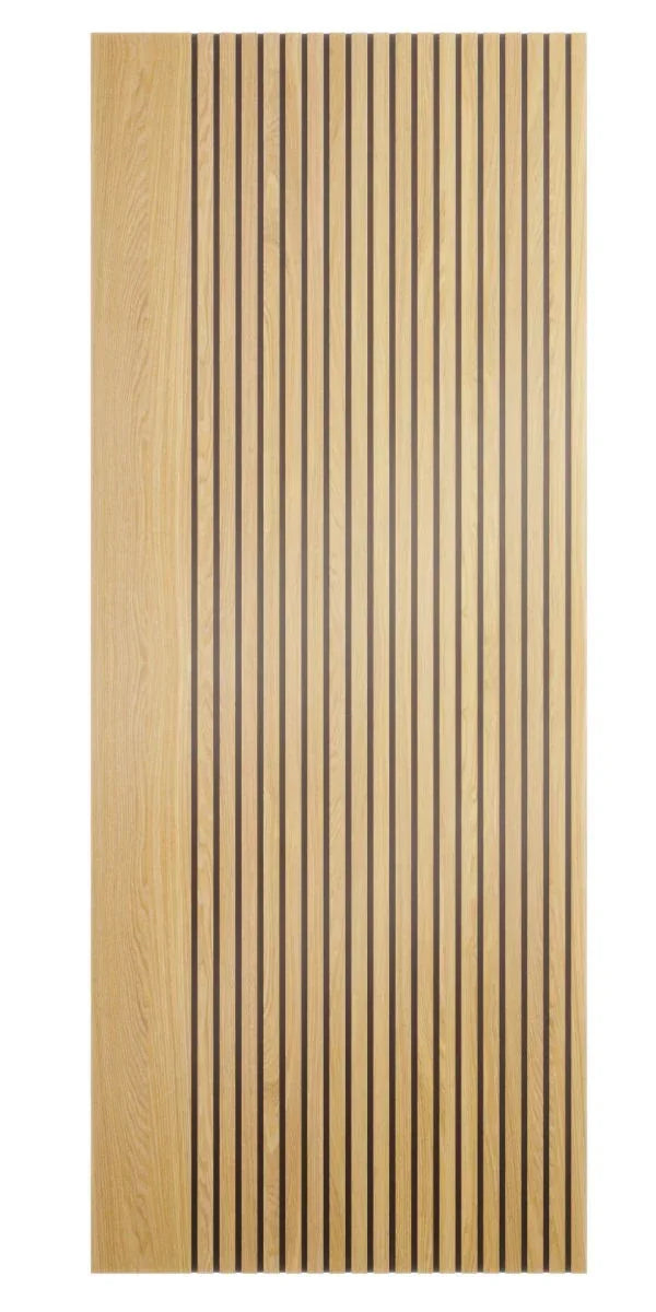 Oak slatted wall panel with vertical wood strips and natural finish, full front view