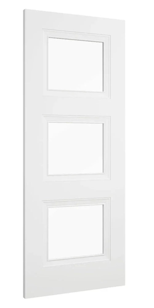 white interior door with three clear glass panels, shown from a side angle