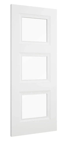 white interior door with three clear glass panels, shown from a side angle