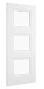 white interior door with three clear glass panels, shown from a side angle