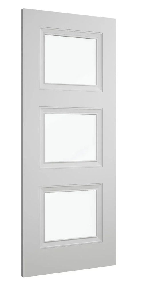 White interior door with three rectangular glass panels, shown from a side angle