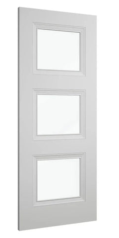 White interior door with three rectangular glass panels, shown from a side angle