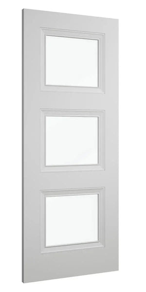 White interior door with three rectangular glass panels, shown from a side angle