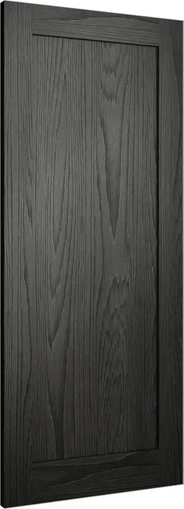 Black wood grain cabinet door with vertical panel design and matte finish